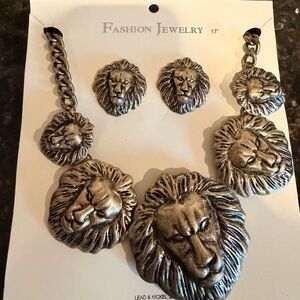 Gold Bronze-Tone Lion Head Necklace and Earring Set